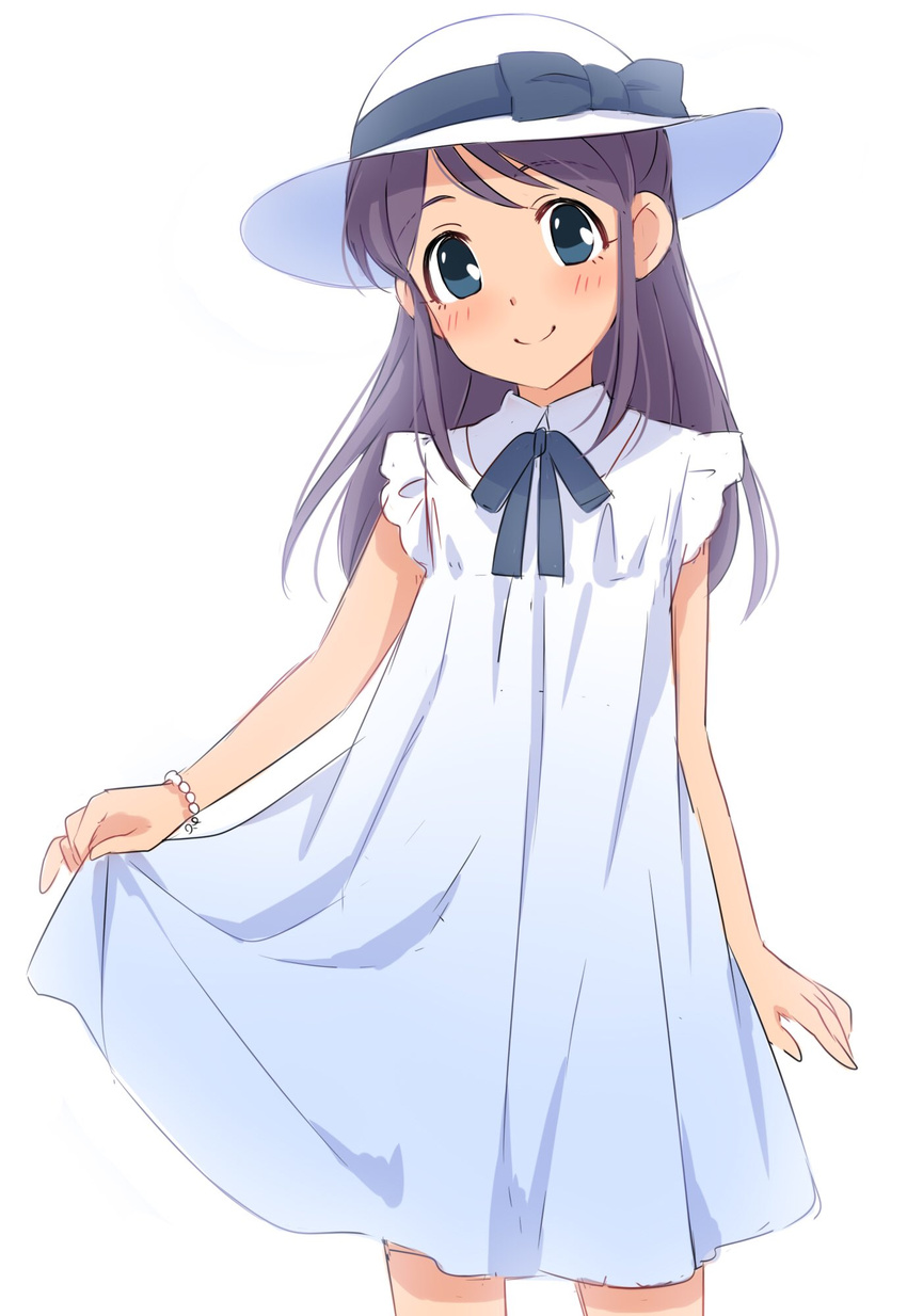 bare_arms blue_eyes blush bracelet closed_mouth commentary cowboy_shot hat hat_ribbon highres inazuma_eleven inazuma_eleven_(series) jewelry kudou_fuyuka long_hair looking_at_viewer purple_hair ribbon sekina simple_background sketch skirt_hold smile solo sun_hat white_background