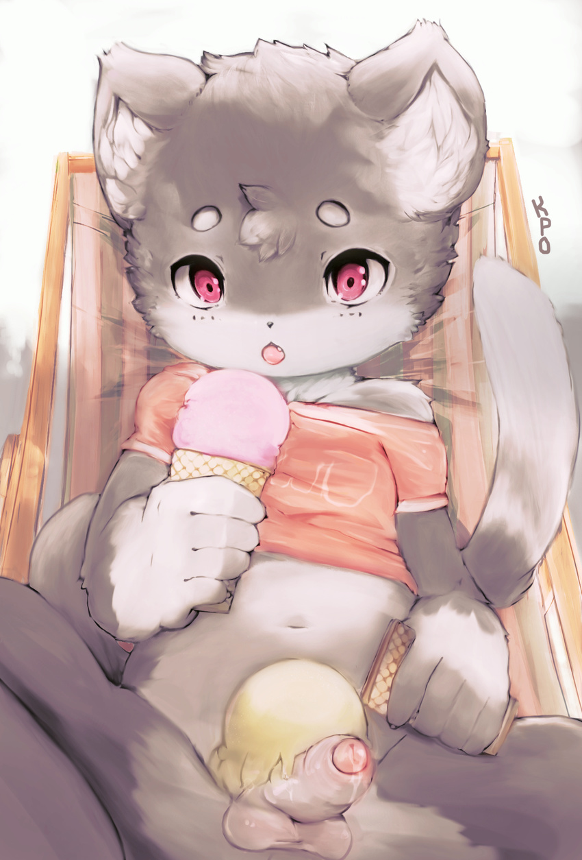 anthro balls bottomless cat clothed clothing cub cupckpo dessert erection feline food foreskin fur grey_fur humanoid_penis ice_cream male mammal open_mouth penis precum red_eyes sitting solo uncut white_fur young