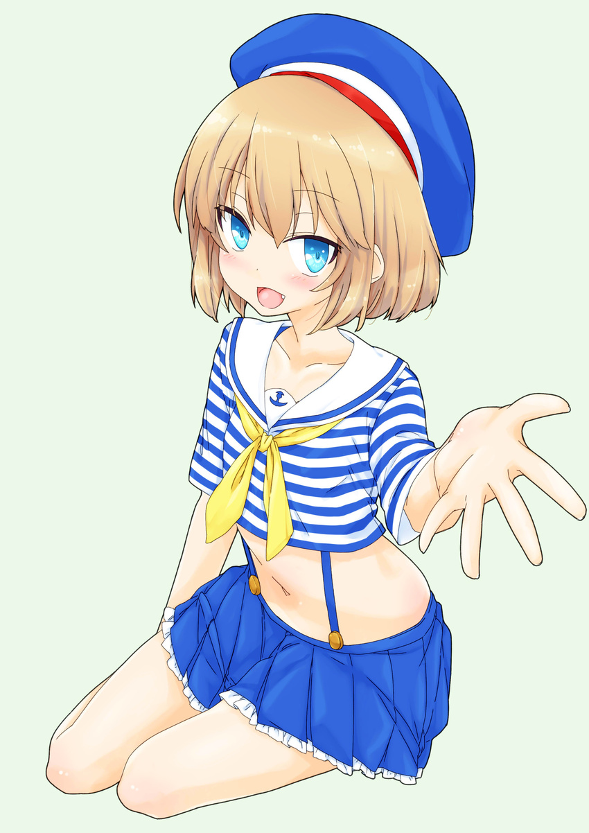 anchor_symbol bad_id bad_pixiv_id bangs blonde_hair blue_eyes blue_hat blue_shirt blue_skirt casual commentary_request crop_top eyebrows_visible_through_hair fang foreshortening frilled_skirt frills full_body girls_und_panzer green_background hat highres itou_ayachi katyusha looking_at_viewer miniskirt navel neckerchief open_mouth pleated_skirt reaching_out sailor sailor_collar shirt short_hair short_sleeves simple_background sitting skirt smile solo striped striped_shirt suspender_skirt suspenders yellow_neckwear yokozuwari