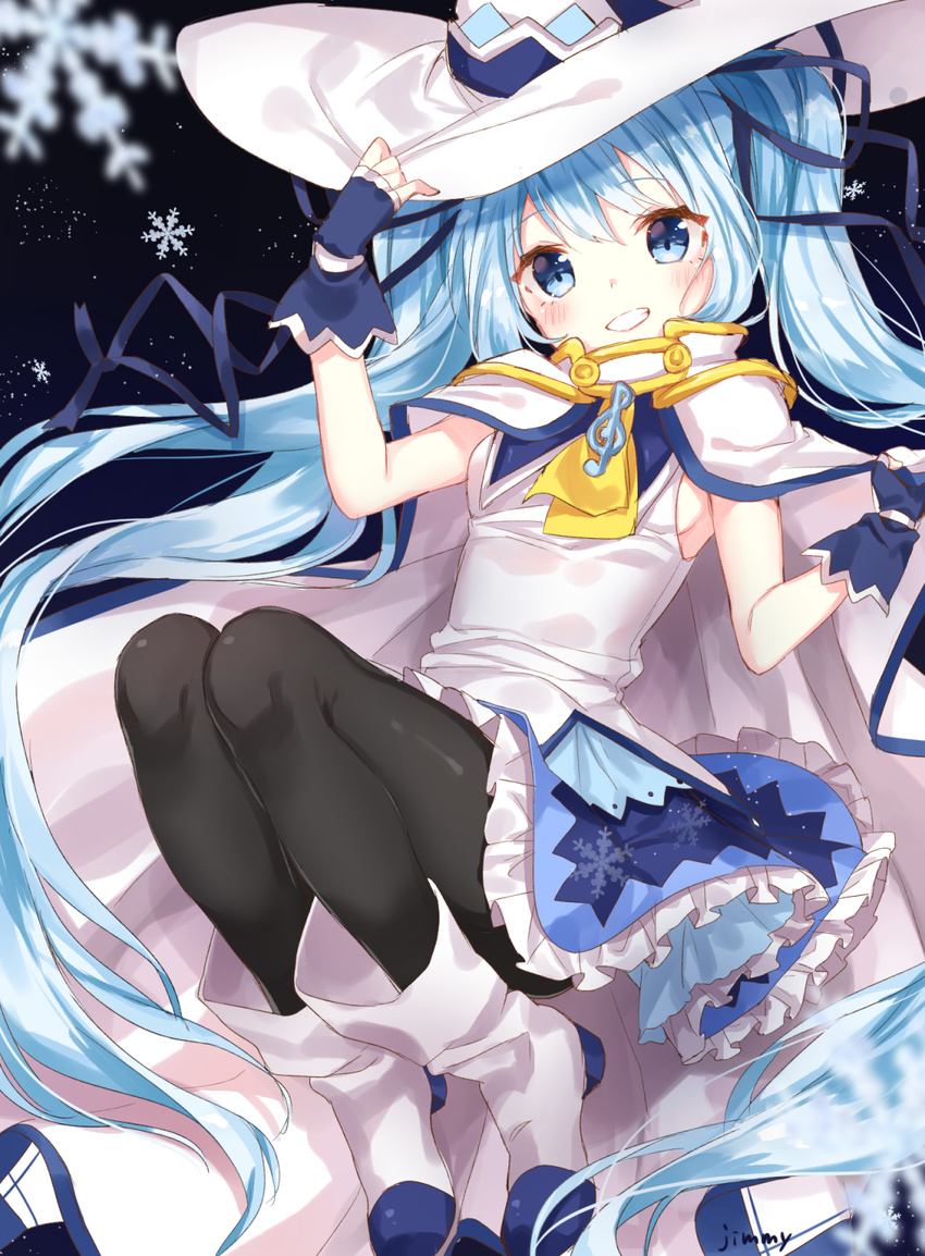 black_legwear blue_eyes blue_hair fingerless_gloves gloves grin hat hatsune_miku highres jimmy long_hair looking_at_viewer pantyhose skirt smile snowflakes solo suki!_yuki!_maji_magic_(vocaloid) treble_clef twintails very_long_hair vocaloid yuki_miku