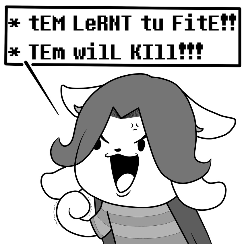 :3 absurd_res angry azen_(artist) english_text hi_res monochrome simple_background solo tem temmie_(undertale) text threat undertale video_games white_background