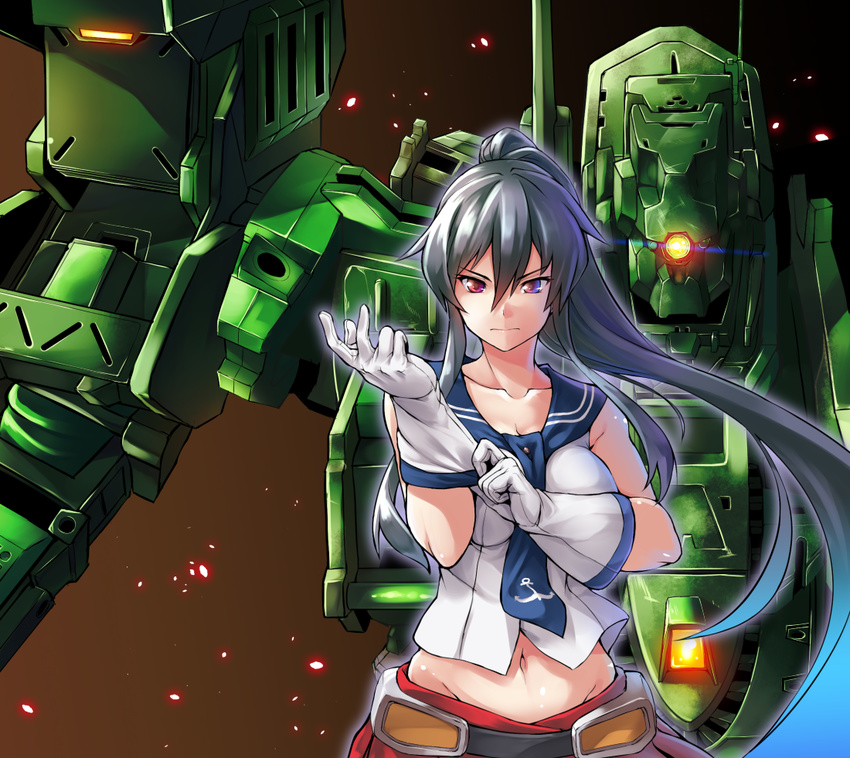 adjusting_clothes adjusting_gloves armored_core bangs belt black_hair breasts chaigidhiell cover_image crossover frown gloves glowing glowing_eye groin hips kantai_collection long_hair looking_at_viewer mecha medium_breasts midriff navel necktie parted_bangs ponytail putting_on_gloves red_eyes red_skirt robot school_uniform serafuku sidelocks skirt sparkle upper_body yahagi_(kantai_collection)