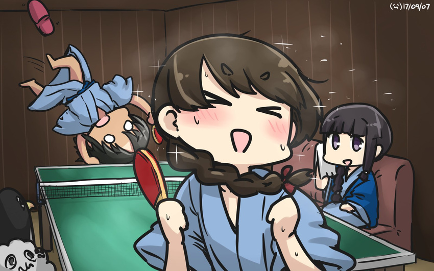 &gt;_&lt; :d alternate_costume bath_yukata black_hair blush braid brown_hair closed_eyes commentary_request dated failure_penguin hair_over_shoulder hair_ribbon hamu_koutarou highres indoors japanese_clothes kantai_collection kimono kitakami_(kantai_collection) long_hair miss_cloud multiple_girls nagara_(kantai_collection) o_o open_mouth paddle parody purple_eyes ribbon sapporo short_hair single_braid slippers_removed smile sparkle table_tennis table_tennis_paddle towel uranami_(kantai_collection) xd yukata