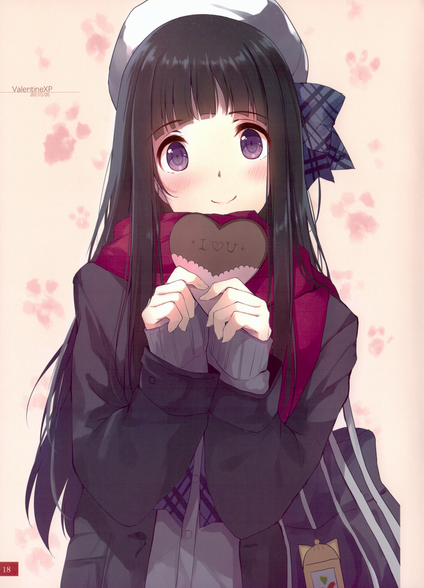 absurdres bag beret black_hair blush caidychen chocolate chocolate_heart coat food hat heart highres holding long_hair looking_at_viewer original pink_background purple_eyes scan scarf school_bag school_uniform simple_background sleeves_past_wrists smile upper_body valentine winter_clothes winter_coat