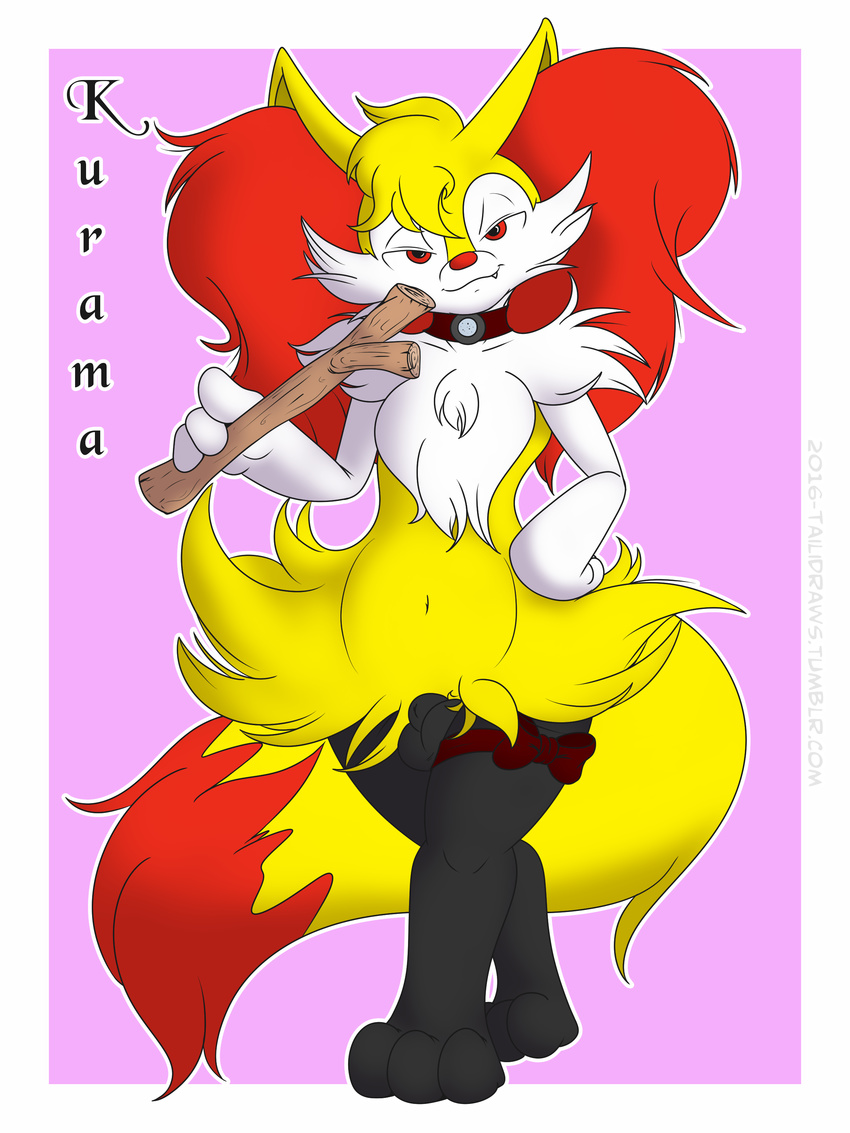 animal_genitalia anthro balls border bow braixen canine choker cute_fangs digital_media_(artwork) digitigrade english_text fluffy fluffy_tail fox fully_sheathed fur hand_on_hip hi_res holding_object inner_ear_fluff kurama_the_braixen looking_at_viewer male mammal mrpandragon naughty_face navel nintendo pinup pok&eacute;mon pose pseudo_clothing sheath simple_background solo standing text video_games