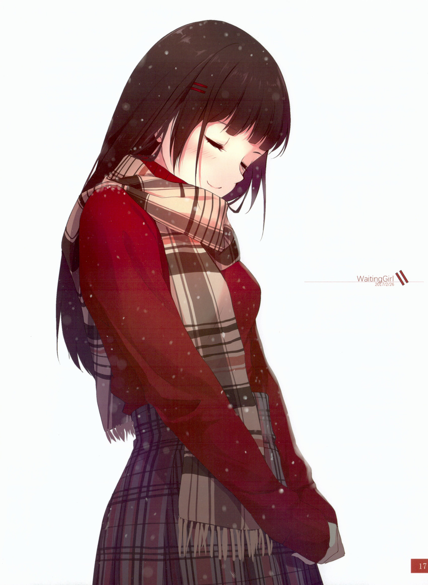 absurdres black_hair blush caidychen closed_eyes hair_ornament hairclip highres long_hair long_sleeves original scan scarf simple_background skirt sleeves_past_wrists solo sweater upper_body white_background winter_clothes