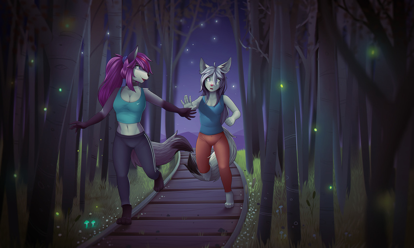 2017 anthro barefoot blue_eyes breasts canine clothed clothing digital_media_(artwork) digitigrade duo female firefly forest fur grass grey_fur hair hi_res mammal marblesoda navel night open_mouth outside paws purple_hair running shirt sky smile star syrth tank_top train_tracks tree yoga_pants