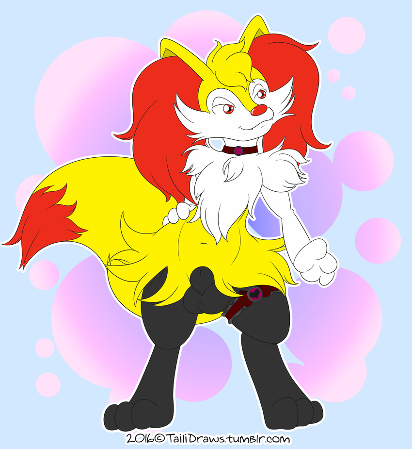 abstract_background animal_genitalia anthro balls braixen canine chest_tuft choker digitigrade flat_colors fox fully_sheathed garter hand_on_hip hi_res kurama_the_braixen looking_away male mammal mrpandragon navel nintendo pinup pok&eacute;mon pose pseudo_clothing sheath smile solo thick_thighs tuft video_games