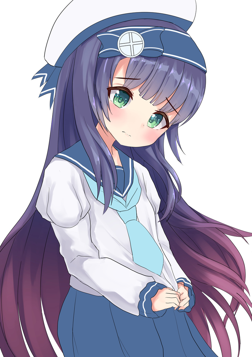absurdres bad_revision black_hair blue_neckwear blue_sailor_collar blue_skirt cowboy_shot downscaled_revision gradient_hair green_eyes hamalu hat highres kantai_collection long_hair long_sleeves looking_at_viewer matsuwa_(kantai_collection) md5_mismatch multicolored_hair necktie pink_hair pleated_skirt sailor_collar sailor_hat school_uniform serafuku simple_background skirt solo white_background white_hat