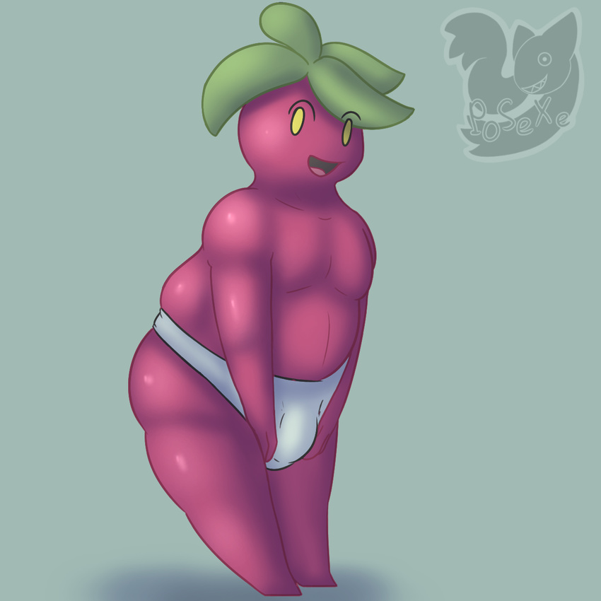 anthro anthrofied barefoot biped bounsweet bulge clothed clothing flora_fauna food fruit green_hair hair humanoid_hands leaves looking_at_viewer male nintendo nude open_mouth overweight overweight_male plant pok&eacute;mon posexe red_skin simple_background slightly_chubby smile solo standing thick_thighs tongue topless underwear video_games watermark wide_hips yellow_eyes