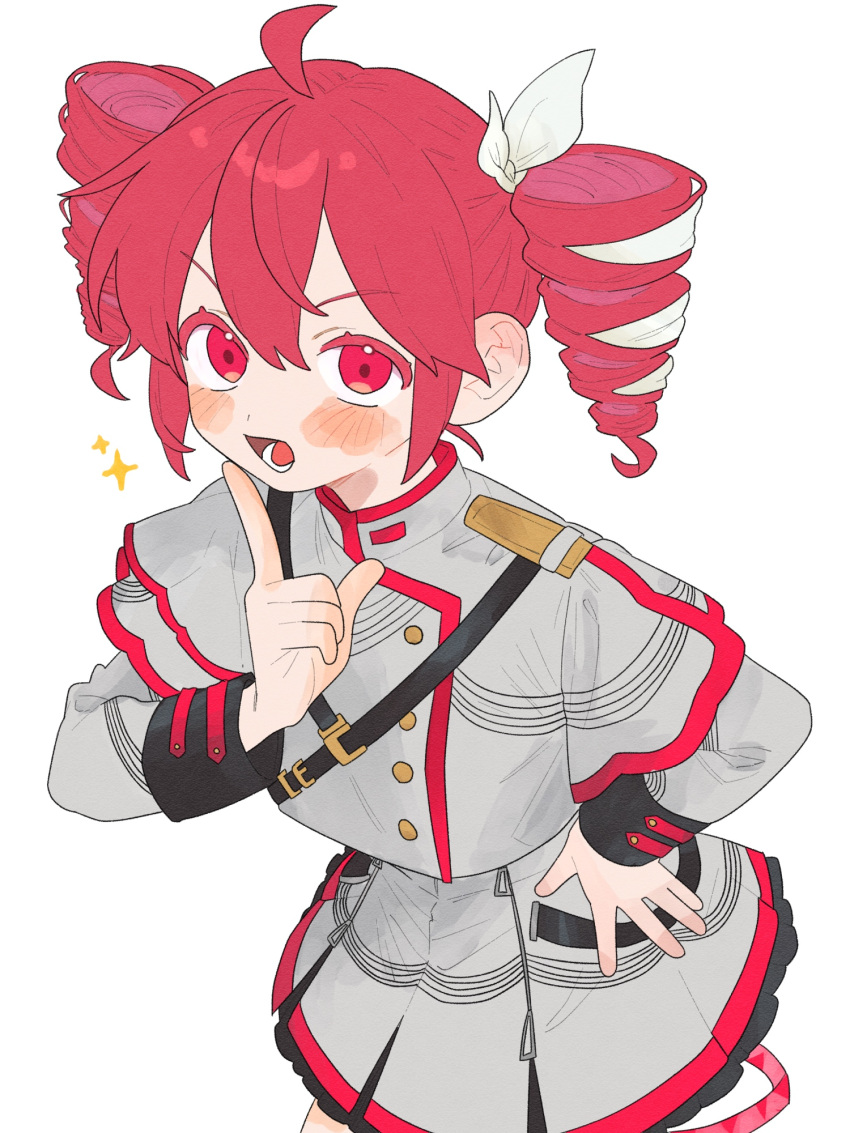 1girl :d ahoge blush bow buttons colored_eyelashes cowboy_shot double-parted_bangs drill_hair finger_to_own_chin from_above grey_jacket grey_skirt hair_between_eyes hair_bow hand_on_own_hip hand_up hashtag-only_commentary highres index_finger_raised jacket kasane_teto kasane_teto_(sv) komori_kamome layered_sleeves leaning_forward long_sleeves looking_at_viewer lower_teeth_only miniskirt musical_staff musical_staff_print open_mouth petticoat pleated_skirt red_eyes red_hair red_trim short_hair short_over_long_sleeves short_sleeves shoulder_belt shoulder_boards simple_background skirt sleeve_cuffs smile solo sparkle standing synthesizer_v teeth tongue turtleneck turtleneck_jacket twin_drills utau v-shaped_eyebrows white_background white_bow