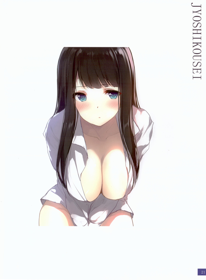 absurdres black_hair blue_eyes blush breasts caidychen collarbone highres long_hair looking_at_viewer medium_breasts naked_shirt original scan shirt simple_background solo white_background white_shirt