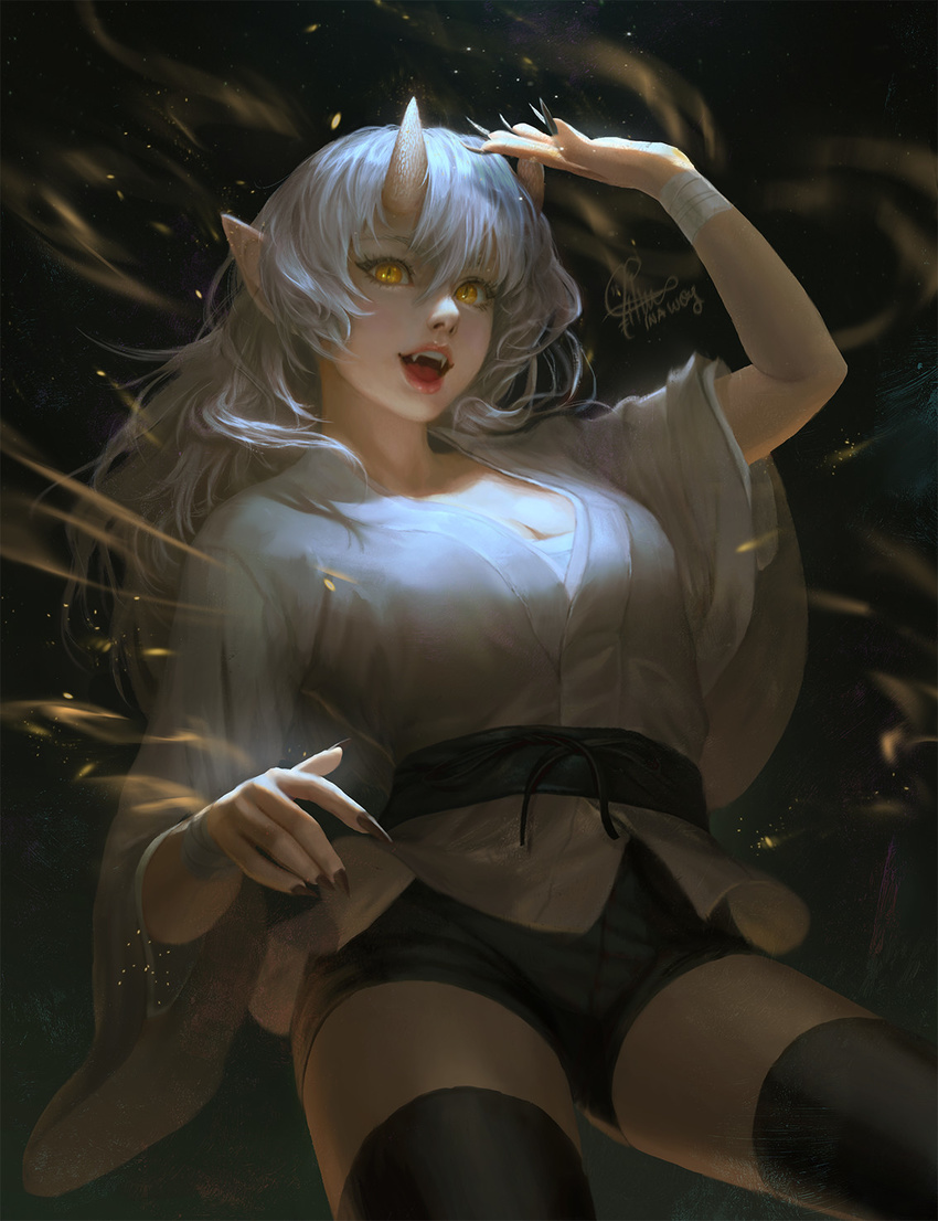 armband artist_name artstation_sample bangs belt black_legwear breasts cleavage cowboy_shot fangs fingernails hand_up highres horns image_sample ina_wong long_fingernails long_hair long_sleeves looking_at_viewer medium_breasts open_mouth original pants pointy_ears realistic shirt slit_pupils solo string thighhighs wavy_hair white_shirt yellow_eyes