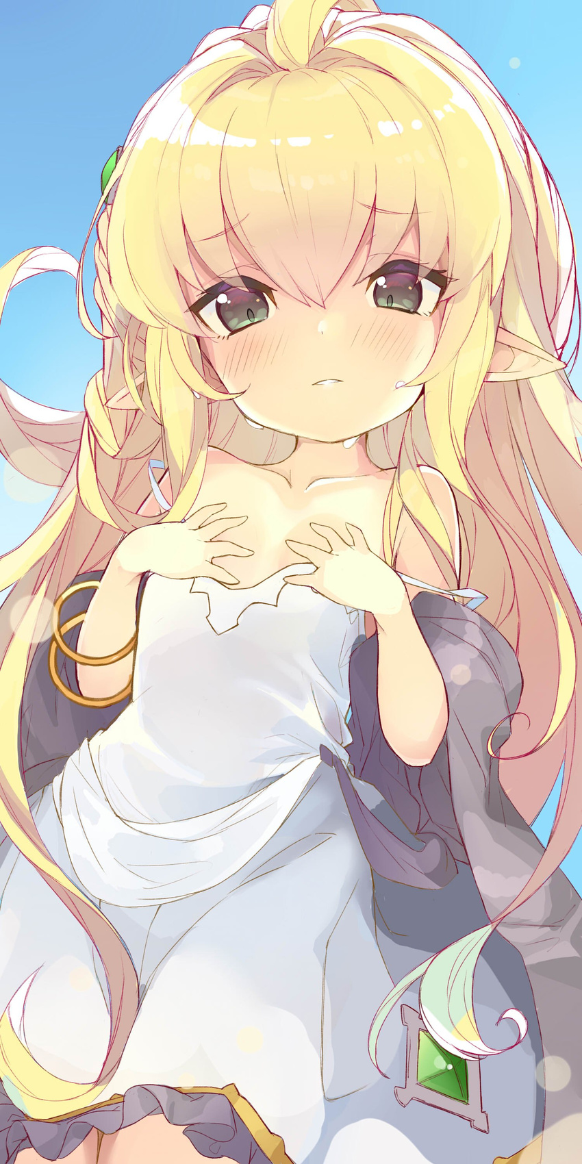 absurdres ahoge bangle bare_shoulders blonde_hair blush bracelet collarbone covering covering_breasts dress granblue_fantasy green_eyes hair_ornament hands_on_own_chest highres jewelry kozeni long_hair looking_at_viewer melissabelle off_shoulder pointy_ears solo strap_slip sundress upper_body very_long_hair white_dress