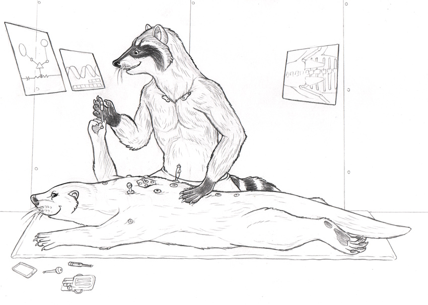 ambiguous_gender anthro clothed clothing cybernetics duo guardians_of_the_galaxy lying lylla machine male mammal marvel medical mustelid otter partially_clothed raccoon rocket_raccoon screen sketch strega topless