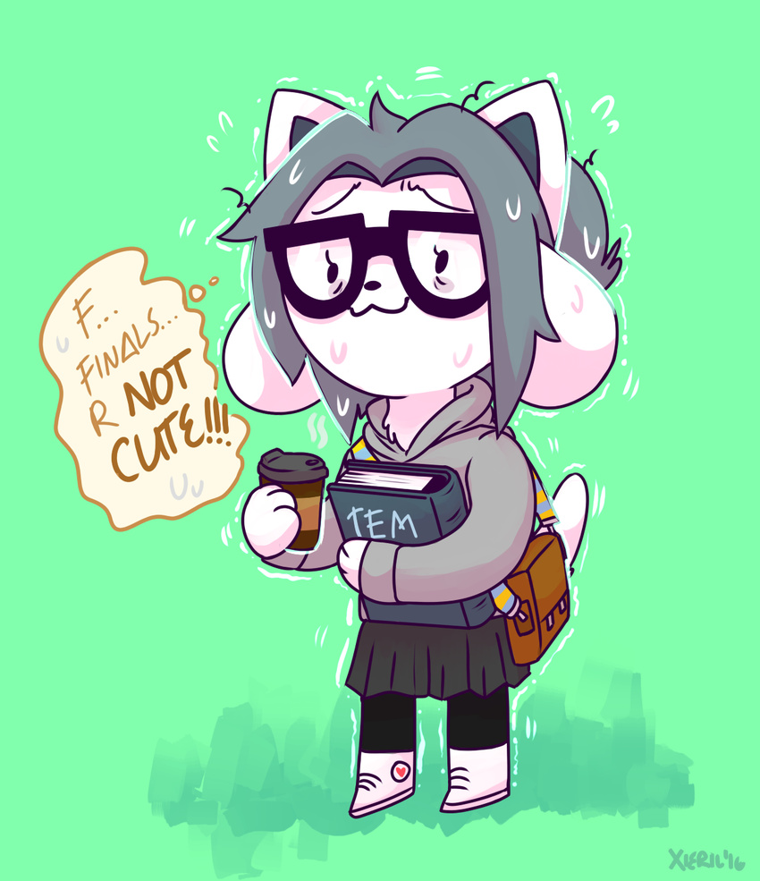 2016 anthro bag beverage book clothing coffee eyewear female food glasses green_background grey_hair hair hi_res humor mammal simple_background skirt solo sweat tem temmie_(undertale) the_truth tired undertale video_games xieril