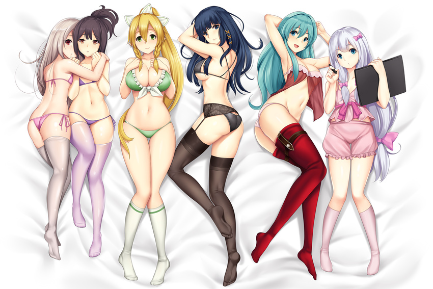 :d :o aqua_eyes aqua_hair armpits arms_up ass babydoll bangs bikini black_bikini black_hair blonde_hair blue_eyes blue_hair bow bow_bra bra braid breasts brown_eyes cleavage closed_mouth commentary crossover eirika eromanga_sensei eyebrows_visible_through_hair fate/kaleid_liner_prisma_illya fate_(series) fire_emblem fire_emblem:_seima_no_kouseki frilled_bikini frills front-tie_bikini front-tie_top garter_belt green_bikini green_eyes grey_legwear hair_between_eyes hair_bow hair_intakes hair_ornament hands_up holding illyasviel_von_einzbern izumi_sagiri kneehighs large_breasts leafa legs lingerie long_hair looking_at_viewer low-tied_long_hair lying mahouka_koukou_no_rettousei medium_breasts miyu_edelfelt multiple_crossover multiple_girls navel on_back on_side open_mouth pajamas panties parted_lips pink_bikini pink_legwear pink_panties ponytail purple_bikini purple_bow purple_legwear red_eyes red_legwear shiba_miyuki shiny shiny_skin side-tie_bikini side_braid sidelocks silver_hair skindentation smile soles stylus swimsuit sword_art_online tablet tareme thighhighs thighs tony_guisado tsurime underwear very_long_hair white_legwear x_hair_ornament