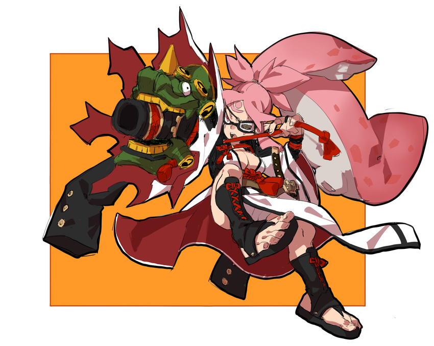 absurdres amputee arm_cannon baiken baiken_(cosplay) big_hair boots breasts cleavage concealed_weapon cosplay cross-laced_footwear domino_mask eyepatch facial_tattoo full_body guilty_gear guilty_gear_xrd highres inkling japanese_clothes kimono lace-up_boots long_hair makai mask medium_breasts one-eyed open_toe_shoes pink_eyes pink_hair ponytail scar scar_across_eye solo splatoon_(series) tattoo tentacle_hair weapon wide_sleeves