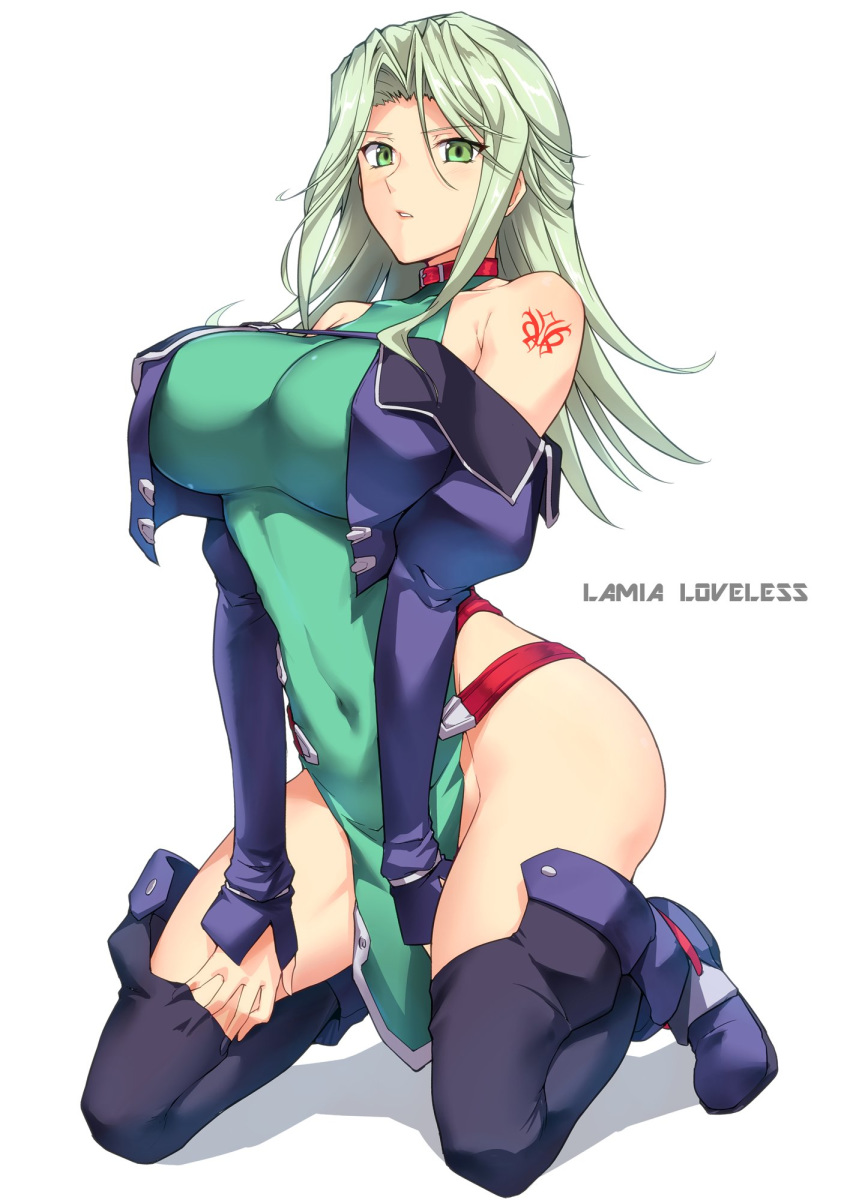 1girl bare_shoulders boots breasts character_name collar collarbone covered_navel cropped_jacket detached_sleeves eyebrows_visible_through_hair eyes_visible_through_hair full_body green_eyes green_hair hand_under_clothes harukon_(halcon) highres hips impossible_clothes jacket juliet_sleeves kneeling lamia_loveless large_breasts lips long_hair long_sleeves parted_lips puffy_sleeves shiny shiny_hair simple_background solo super_robot_wars super_robot_wars_original_generation tattoo thigh_boots thighhighs white_background