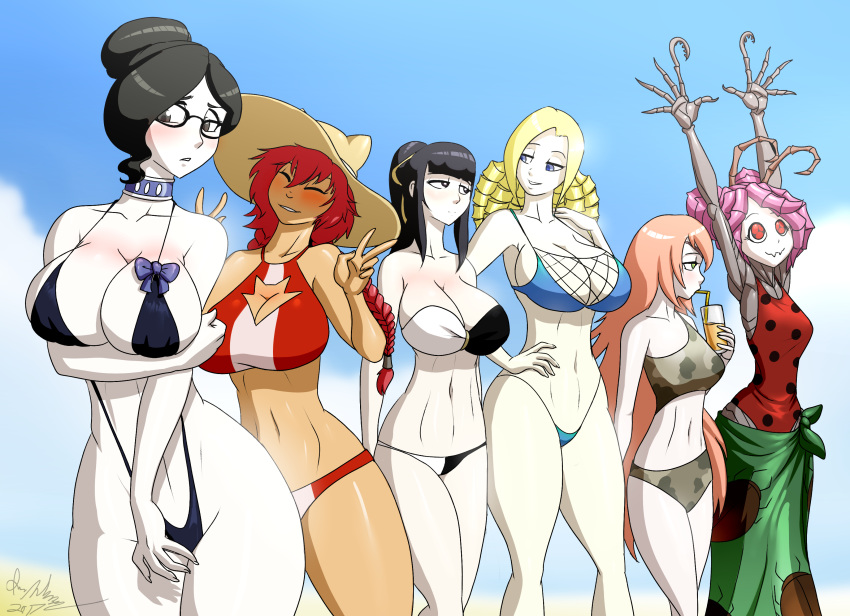 6+girls bangs bare_arms bare_shoulders bikini black_hair blonde_hair blush braid breasts cleavage collarbone cz2128_delta double_v embarrassed entoma_vasilissa_zeta eyes_closed glasses hair_bun hat insect_girl large_breasts looking_at_another lupusregina_beta marauder6272 medium_breasts monster_girl multiple_girls narberal_gamma navel one-piece_swimsuit outdoors overlord_(maruyama) pink_hair ponytail red_hair sky slingshot_swimsuit solution_epsilon swimsuit twin_braids unusual_pupils v yuri_alpha