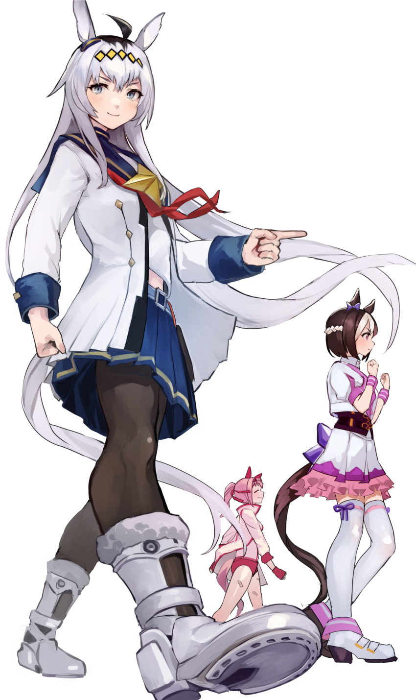 3girls absurdres ahoge animal_ears bandaid bandaid_on_leg blue_eyes blue_sailor_collar blue_skirt blush boots bow braid brooch brown_hair brown_pantyhose buruma closed_eyes closed_mouth commentary_request ear_bow ear_covers ear_ornament ear_ribbon fingerless_gloves gloves grey_hair grey_tail hair_between_eyes hair_ornament hairband half_up_braid haru_urara_(bestest_prize)_(umamusume) haru_urara_(umamusume) headband highres horse_ears horse_girl horse_tail jacket jewelry long_hair long_sleeves midriff multicolored_hair multiple_girls neckerchief oguri_cap_(starlight_beat)_(umamusume) oguri_cap_(umamusume) pantyhose pink_buruma pink_hair pink_headband pleated_skirt ponytail purple_bow purple_eyes purple_ribbon purple_vest red_buruma red_gloves red_headband red_neckerchief ribbon sailor_collar shirt short_hair short_sleeves simple_background skirt smile special_week_(special_dreamer)_(umamusume) special_week_(umamusume) star_brooch tail thighhighs two-tone_hair umamusume uouokuma vest white_background white_boots white_hair white_jacket white_shirt white_skirt white_thighhighs wristband