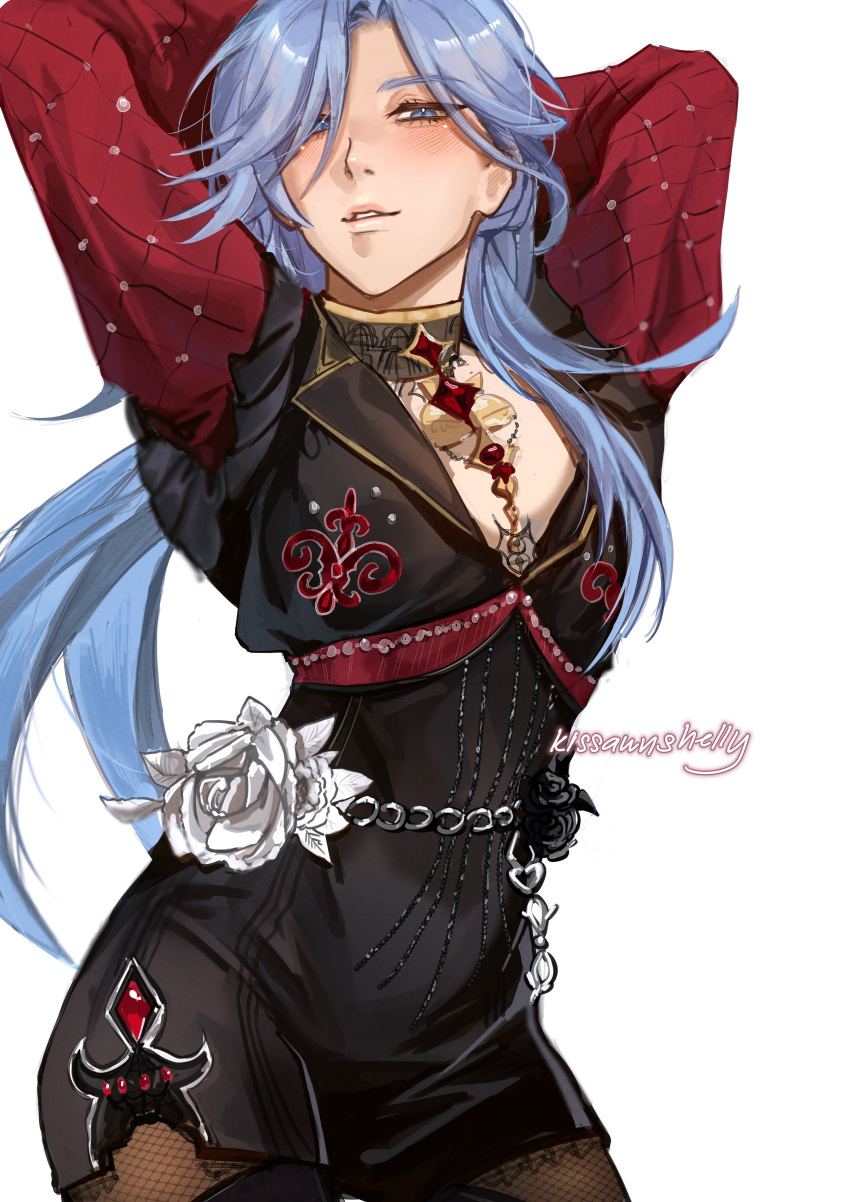 1boy absurdres androgynous arched_back arms_up bishounen black_choker black_dress black_flower black_rose blue_hair blush chain_belt choker covered_navel cowboy_shot curtained_hair dress ear_blush edmond_(nu_carnival) english_commentary fishnet_pantyhose fishnets fleur-de-lis flower gem hair_over_one_eye half-closed_eyes highres kissawnshelly lace-trimmed_dress lace_trim long_hair long_sleeves looking_at_viewer looking_down low_ponytail male_focus narrow_waist nu_carnival official_alternate_costume pantyhose parted_bangs parted_lips pearl_(gemstone) ponytail red_gem rose sequins shirt_under_dress short_dress side_slit simple_background solo twitter_username very_long_hair white_background white_flower white_rose