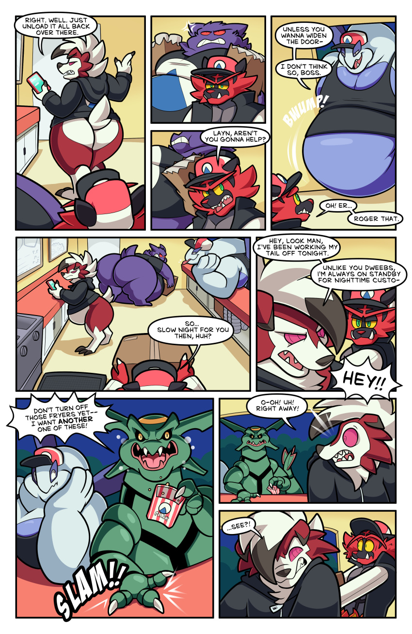 2026 3_fingers 4_fingers 5_fingers absurd_res anthro appliance belly bent_over big_belly big_butt black_body black_fur black_hair_tip blue_eyelids box butt cellphone claw_toes claws comic container counter dialogue electronics english_text fang_(roundwombo) fangs finger_claws fingers food food_court fries fur generation_1_pokemon generation_2_pokemon generation_3_pokemon generation_7_pokemon gengar green_eyes group hair hi_res holding_cellphone holding_object holding_phone holding_smartphone huge_belly huge_butt incineroar kitchen_appliance layn legendary_pokemon liam_(roundwombo) lugia lycanroc male morbidly_obese morbidly_obese_anthro morbidly_obese_male multicolored_body multicolored_fur multicolored_hair nintendo obese obese_anthro obese_male oven overweight overweight_anthro overweight_male paper_bag phone pokemon pokemon_(species) purple_body rayquaza red_body red_fur red_sclera roundwombo smartphone speech_bubble spiral spiral_eyes stuck_in_door surprised teasing teeth text tongue tongue_out white_body white_fur white_hair white_sclera yellow_sclera