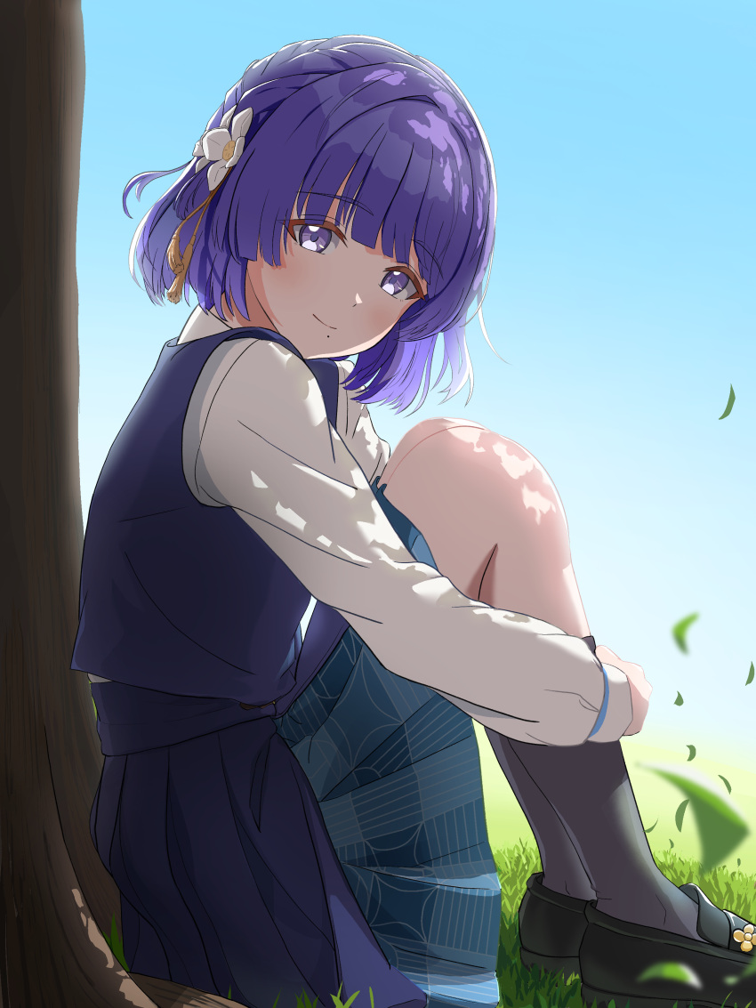 1girl absurdres arupaka_(user_tyju5482) black_socks blue_overskirt blue_skirt blue_vest commentary falling_leaves gakuen_idolmaster grass hataya_misuzu hatsuboshi_gakuen_school_uniform highres hugging_own_legs idolmaster kneehighs knees_up leaf looking_at_viewer looking_to_the_side mole mole_under_mouth on_ground outdoors pleated_skirt purple_hair school_uniform short_hair sitting skirt skirt_set socks solo tree vest