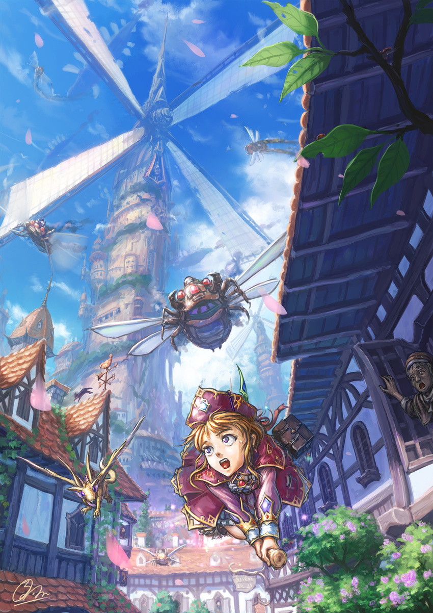 belt_pouch black_cat blonde_hair blue_eyes blue_sky broom broom_riding cat commentary_request day fantasy fleeing flower gem hat highres leaf long_sleeves looking_up magical_girl mini_dragon multiple_girls old_woman open_mouth open_window original outdoors oversized_insect pouch shiki_makoto short_hair sign signature sky sweatdrop town tree tree_branch weather_vane windmill window