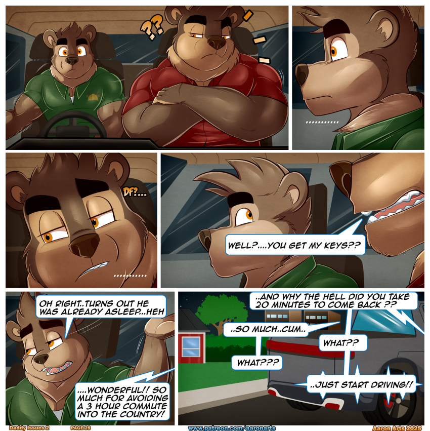 2025 aaron_(artist) anthro bear border brown_body brown_fur clothing comic crossed_arms dialogue digital_media_(artwork) dillon_(aaron) english_text father_(lore) father_and_child_(lore) father_and_son_(lore) fur green_clothing green_shirt green_topwear half-closed_eyes hi_res justin_(aaron) male mammal muscular muscular_anthro muscular_male narrowed_eyes night orange_eyes parent_(lore) parent_and_child_(lore) parent_and_son_(lore) profanity question_mark red_clothing red_shirt red_topwear shirt son_(lore) speech_bubble tan_body tan_fur text topwear truck url ursine vehicle white_border work_uniform