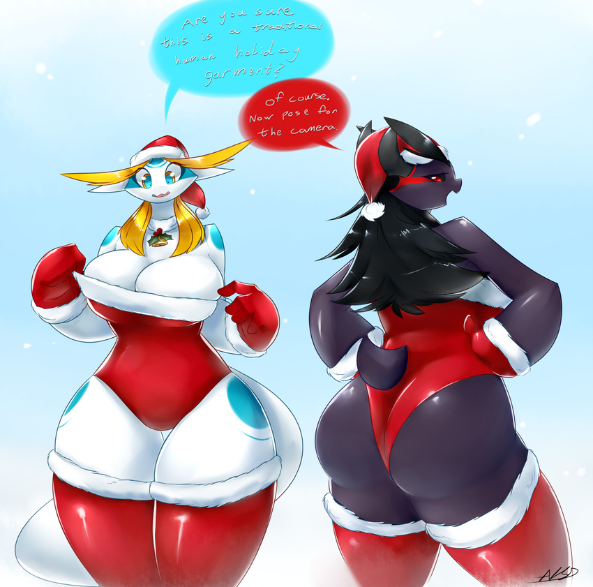 2015 5_fingers aijou anthro averyshadydolphin big_breasts big_butt black_hair blonde_hair blue_markings breasts butt christmas cleavage clothed clothing cute digital_media_(artwork) dragon duo english_text erect_nipples eyebrows female gloves hair hat hi_res holidays huge_breasts legwear markings nipples red_markings simple_background text thick_thighs thigh_gap thigh_highs voluptuous yaojou