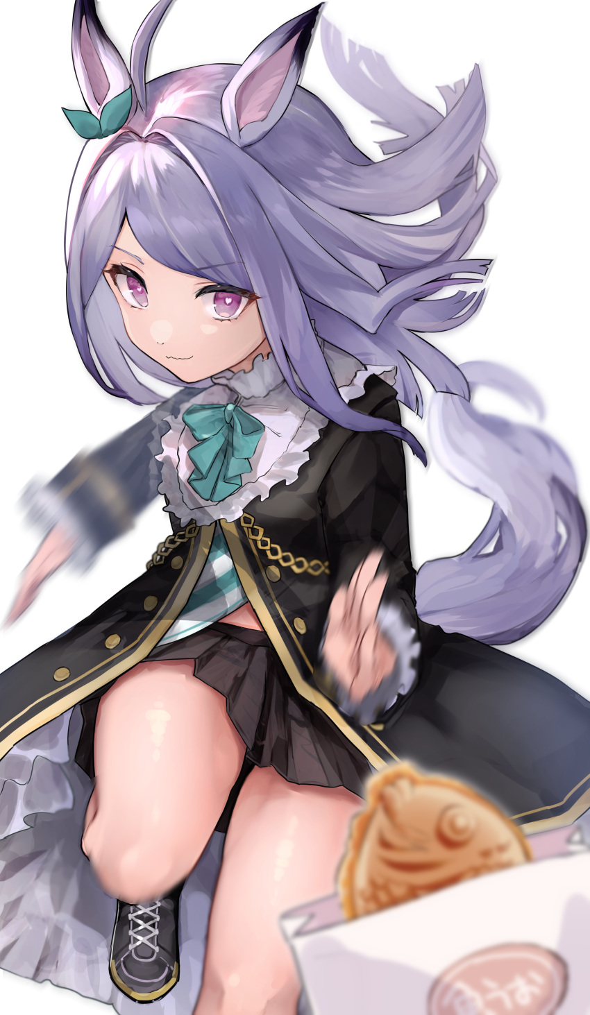 1girl absurdres animal_ears aqua_bow aqua_bowtie aqua_ribbon black_jacket black_skirt bow bowtie closed_mouth coat commentary_request ear_bow ear_ribbon food frilled_coat frilled_jacket frills highres horse_ears horse_girl horse_tail jacket long_hair long_sleeves looking_at_viewer mejiro_mcqueen_(frontline_elegance)_(umamusume) mejiro_mcqueen_(umamusume) pleated_skirt purple_eyes purple_hair ribbon running shirt shoes simple_background skirt smile solo striped_clothes striped_shirt tail taiyaki umamusume uouokuma wagashi white_background