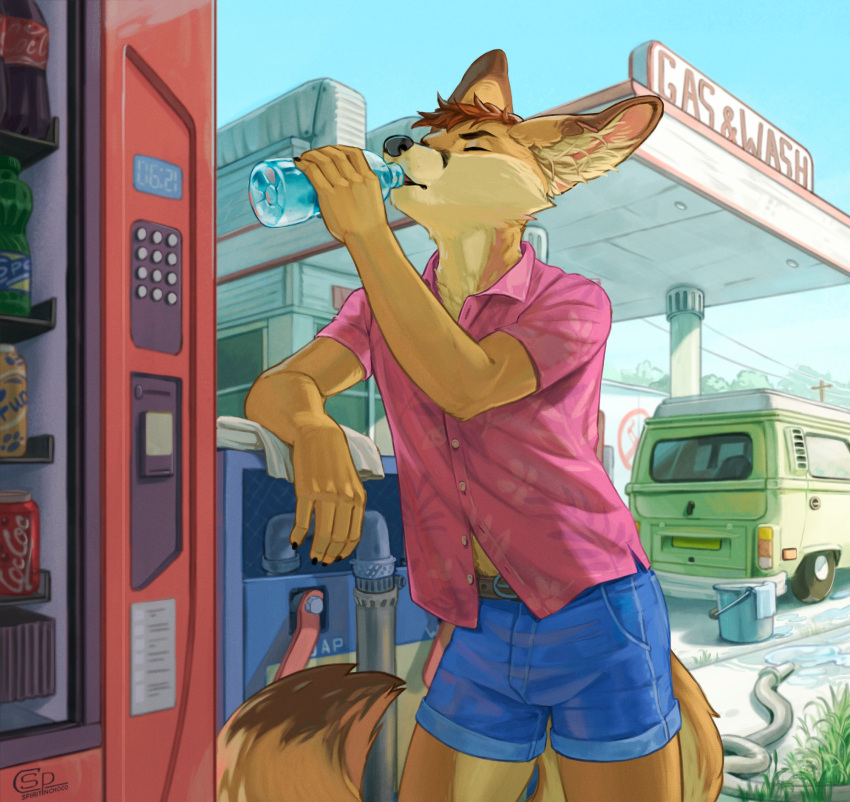 2026 aloha_shirt anthro arms_bent backlighting beverage biped black_claws black_eyebrows black_lips black_markings blue_sky bottle bottomwear brown_body brown_ear_tips brown_fur brown_markings brown_tail_tip brown_text bucket building canid canine claws clear_sky clothed clothed_anthro clothed_male clothing container countershade_face countershade_fur countershade_legs countershade_neck countershade_tail countershade_torso countershading day detailed detailed_background digital_media_(artwork) dipstick_ears dipstick_tail drinking drinking_from_bottle ear_markings english_text eyebrows eyes_closed facial_markings fennec_fox finger_claws fingers fox front_view fur gas_station grass grey_nose hair head_markings hi_res holding_beverage holding_bottle holding_container holding_object humanoid_hands inner_ear_fluff keksy24 light lighting lips long_tail male male_anthro mammal markings medium_truck monotone_hair multicolored_body multicolored_ears multicolored_fur multicolored_tail navel notched_ear open_mouth outside pattern_clothing pattern_shirt pattern_topwear pink_inner_ear plant portrait public shaded shirt short_hair shorts sign sky snout solo spiritinchoco standing sunlight tail tail_markings tan_body tan_ears tan_fur tan_tail text three-quarter_portrait topwear truck true_fox tuft utility_pole van vehicle vending_machine water_bottle yellow_body yellow_countershading yellow_fur yellow_inner_ear_fluff yellow_tail yellow_tuft