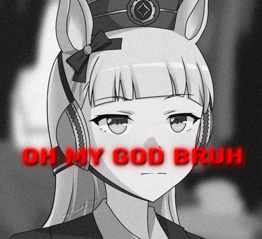 1girl animal_ears blunt_bangs bow dress ear_bow gold_ship_(umamusume) grey_hair greyscale hat highres horse_ears horse_girl horse_tail long_hair monochrome pillbox_hat solo tail the_freakin_yui twitter_username umamusume