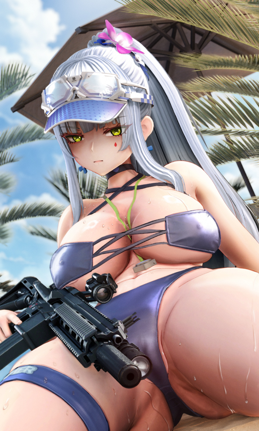 absurdres arm_behind_back assault_rifle atla_762 between_breasts bikini blue_bikini blue_hair breasts cross cross-laced_bikini cross-laced_clothes earrings eyewear_on_head facepaint from_below girls'_frontline girls'_frontline_2:_exilium green_eyes gun highres hk416_(girls'_frontline) holding holding_gun holding_weapon iron_cross jewelry klukai_(cerulean_breaker)_(girls'_frontline_2) klukai_(girls'_frontline_2) legs_apart light_frown long_hair looking_at_viewer looking_down lying medium_breasts navel on_back ponytail rifle shaded_face skindentation sunglasses swimsuit teardrop thigh_strap thighs very_long_hair visor_cap weapon wet_bikini