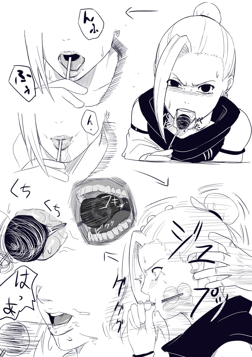 1girl black_eyes blush close-up earrings hair_bun highres licking lips lollipop looking_at_viewer monochrome motion_lines naruto nier_(artist) onomatopoeia open_mouth saliva sequential sexually_suggestive simple_background solo_focus teeth tongue tongue_out white_background white_hair x-ray yamanaka_ino