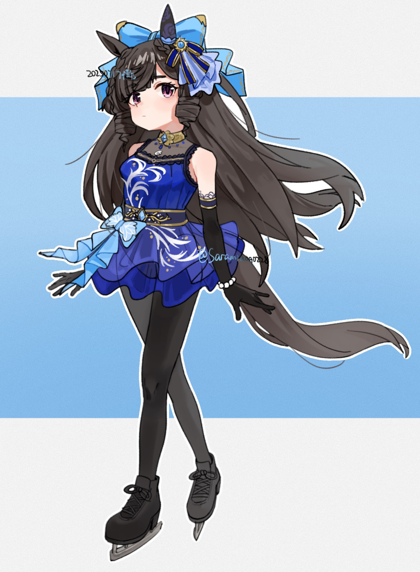 1girl absurdres adapted_costume animal_ears bare_shoulders black_gloves black_pantyhose blue_bow blue_dress blush bow breasts brown_hair closed_mouth commentary_request daiichi_ruby_(flowing_blue)_(umamusume) daiichi_ruby_(umamusume) dress drill_hair ear_bow elbow_gloves full_body gloves gold_collar hair_ornament highres horse_ears horse_girl ice_skates long_hair looking_at_viewer official_alternate_costume official_alternate_hairstyle pantyhose purple_eyes saramiao-chan side_drill skates sleeveless sleeveless_dress small_breasts solo tail umamusume