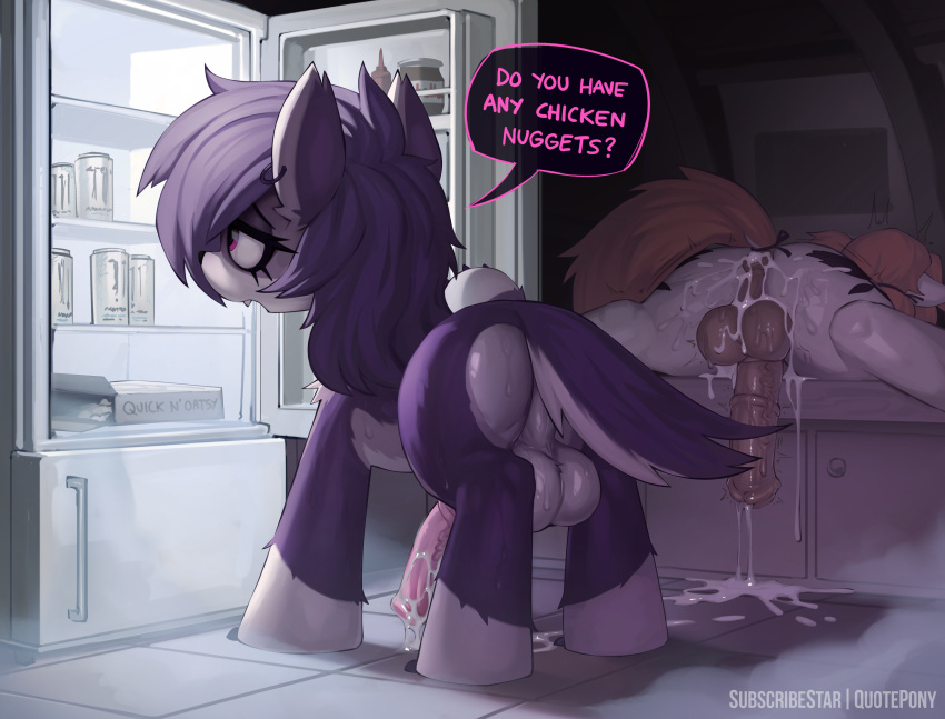 absurd_res after_sex alternative_fashion animal_genitalia animal_penis appliance balls bodily_fluids butt claws cum cum_in_ass cum_inside cum_on_balls cum_on_butt cum_on_penis cumshot dialogue ear_piercing ear_ring ejaculation equid equine equine_genitalia equine_penis erection eyeshadow fangs feral flaccid flared_penis fridge genital_fluids genitals goth gynomorph hair hasbro hi_res hoop_ear_ring horse intersex intersex/intersex kitchen_appliance makeup mammal medial_ring monster_energy multicolored_body my_little_pony penis piercing pony purple_hair quadruped quotepony red_eyes ring_piercing rose_noir speech_bubble spread_legs spreading teeth two_tone_body velour_(quotepony)
