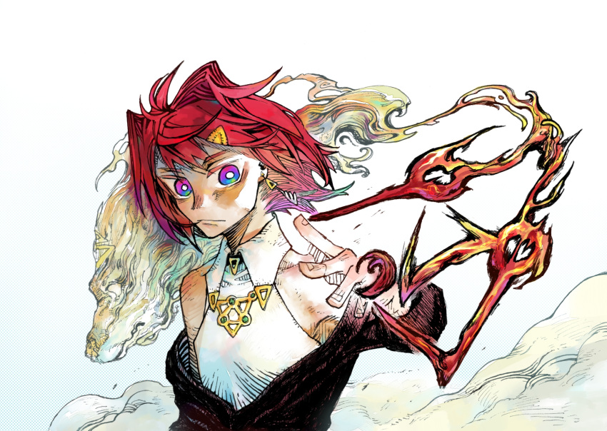 1girl ange_katrina ange_katrina_(summer_casual) animal bare_shoulders ben-day_dots black_jacket blue_background blue_eyes bright_pupils closed_mouth collared_shirt commentary_request earrings fire gradient_background gradient_eyes hair_intakes hair_ornament hand_up hatching_(texture) highres jacket jacket_partially_removed jewelry linear_hatching looking_at_viewer magic medium_hair multicolored_eyes nijisanji purple_eyes red_hair screentones shirt shou-star sleeveless sleeveless_shirt smoke solo summoning triangle_hair_ornament upper_body virtual_youtuber white_background white_pupils white_shirt