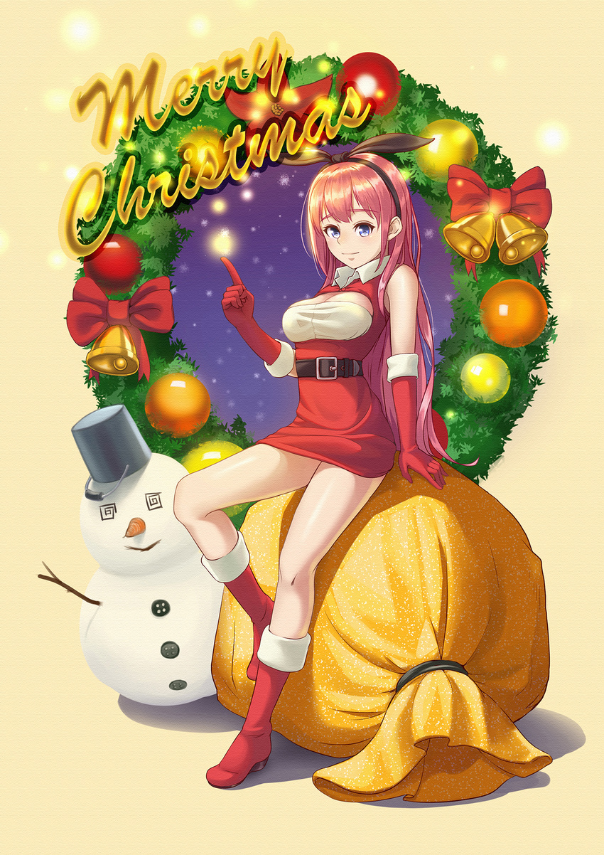 bell belt blue_eyes boots breasts bucket c-eye christmas cleavage cleavage_cutout flower full_body gloves hairband highres index_finger_raised large_breasts looking_at_viewer merry_christmas ornament pink_hair poinsettia red_footwear red_gloves sack santa_gloves sitting snowflakes snowman solo wreath