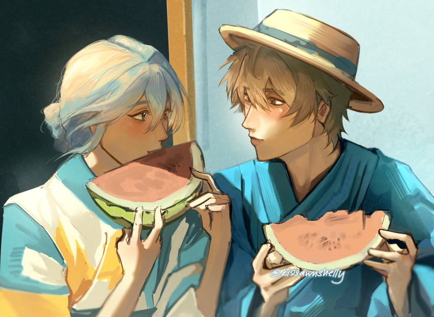 2boys absurdres alternate_costume blue_eyes blue_hair blue_kimono blue_ribbon blush boater_hat brown_eyes brown_hair closed_mouth commentary eating edmond_(nu_carnival) eiden_(nu_carnival) floating_hair food food_bite fruit hair_between_eyes hair_bun hat hat_ribbon highres holding holding_food holding_fruit japanese_clothes kimono kissawnshelly long_hair long_sleeves looking_at_another male_focus multiple_boys nu_carnival outdoors parody_request ribbon short_hair sidelocks single_hair_bun straw_hat striped_clothes striped_kimono twitter_username untranslatable_commentary watermelon watermelon_slice