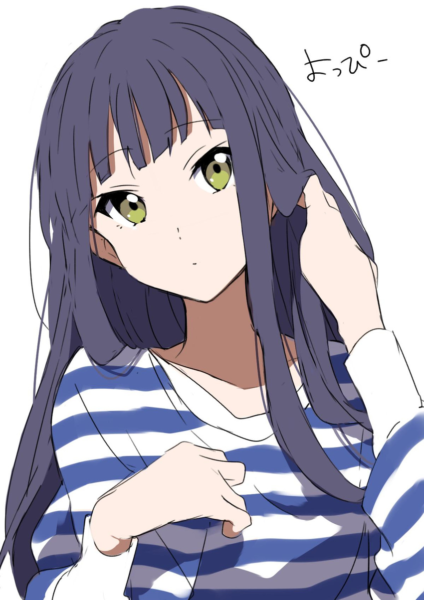 bangs blue_hair blue_shirt blunt_bangs close-up closed_mouth commentary eyebrows_visible_through_hair green_eyes hand_in_hair head_tilt highres long_hair long_sleeves looking_at_viewer nanase_yoshino sekina shirt simple_background solo striped striped_shirt translated wake_up_girls! white_background