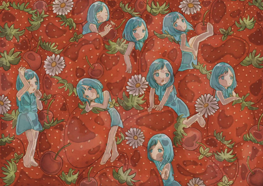 6+girls absurdres bare_legs bare_shoulders barefoot blue_dress blue_hair cherry clone commentary dress flower food food_focus fruit full_body highres medium_hair multiple_girls off_shoulder on_food original red_theme sitting_on_food sleeveless standing_on_food strawberry suo_728 surreal swept_bangs too_much_food white_flower