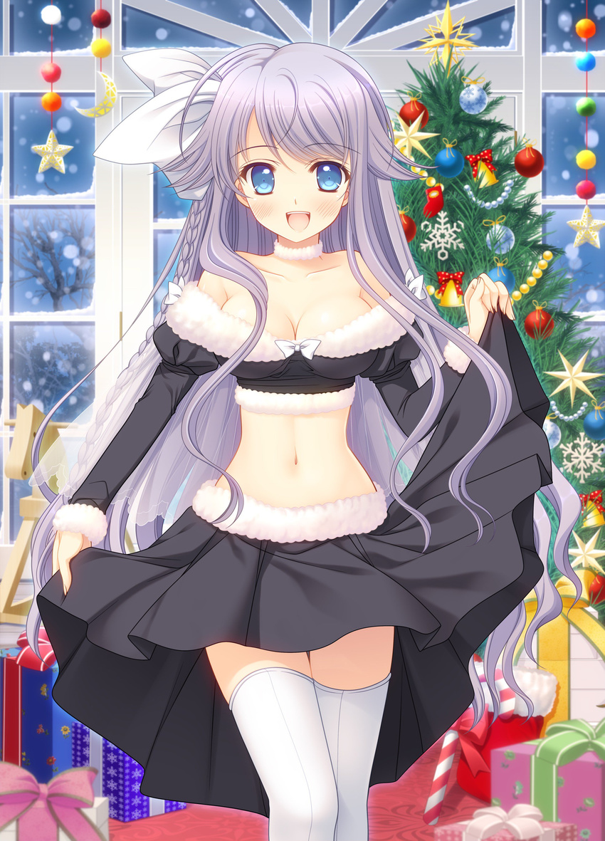 christmas cleavage navel nishimata_aoi skirt_lift thighhighs tsuki_ni_yorisou_otome_no_sahou tsuki_ni_yorisou_otome_no_sahou_2 tsuki_ni_yorisou_otome_no_sahou_2.2_axl+sa!! youkadou_sakuri