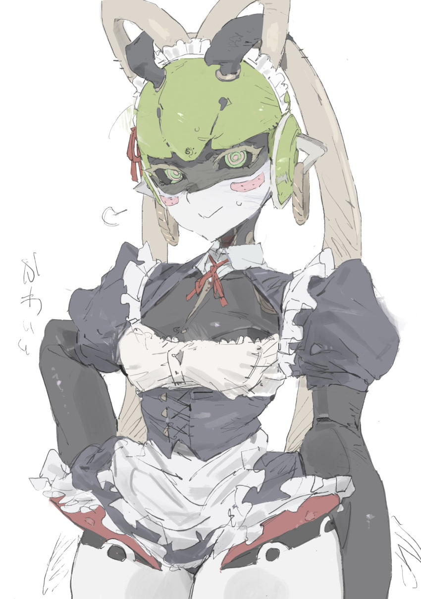 1girl bandaid bandaid_on_cheek bandaid_on_face black_dress breasts closed_mouth commentary_request cowboy_shot dress earrings enmaided green_eyes highres humanoid_robot jewelry le_(szs0k) looking_at_viewer maid maid_headdress robot robot_girl simple_background small_breasts smile solo vesper_(zenless_zone_zero) white_background zenless_zone_zero