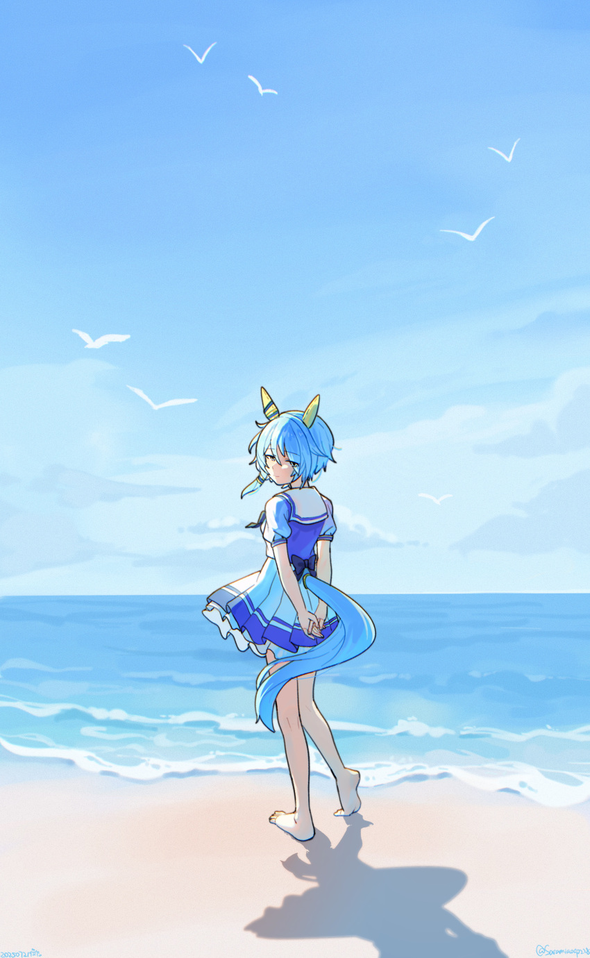 1girl absurdres animal_ears arms_behind_back barefoot beach bird blue_eyes blue_hair blue_sky bow bowtie closed_mouth ear_bow ear_covers hair_between_eyes highres horse_ears horse_girl horse_tail k.s.miracle_(umamusume) looking_at_viewer looking_back ocean outdoors pleated_skirt puffy_short_sleeves puffy_sleeves purple_bow purple_bowtie purple_shirt sailor_collar sailor_shirt saramiao-chan school_uniform seagull shirt short_hair short_sleeves skirt sky smile solo tail tracen_school_uniform umamusume water white_sailor_collar white_skirt