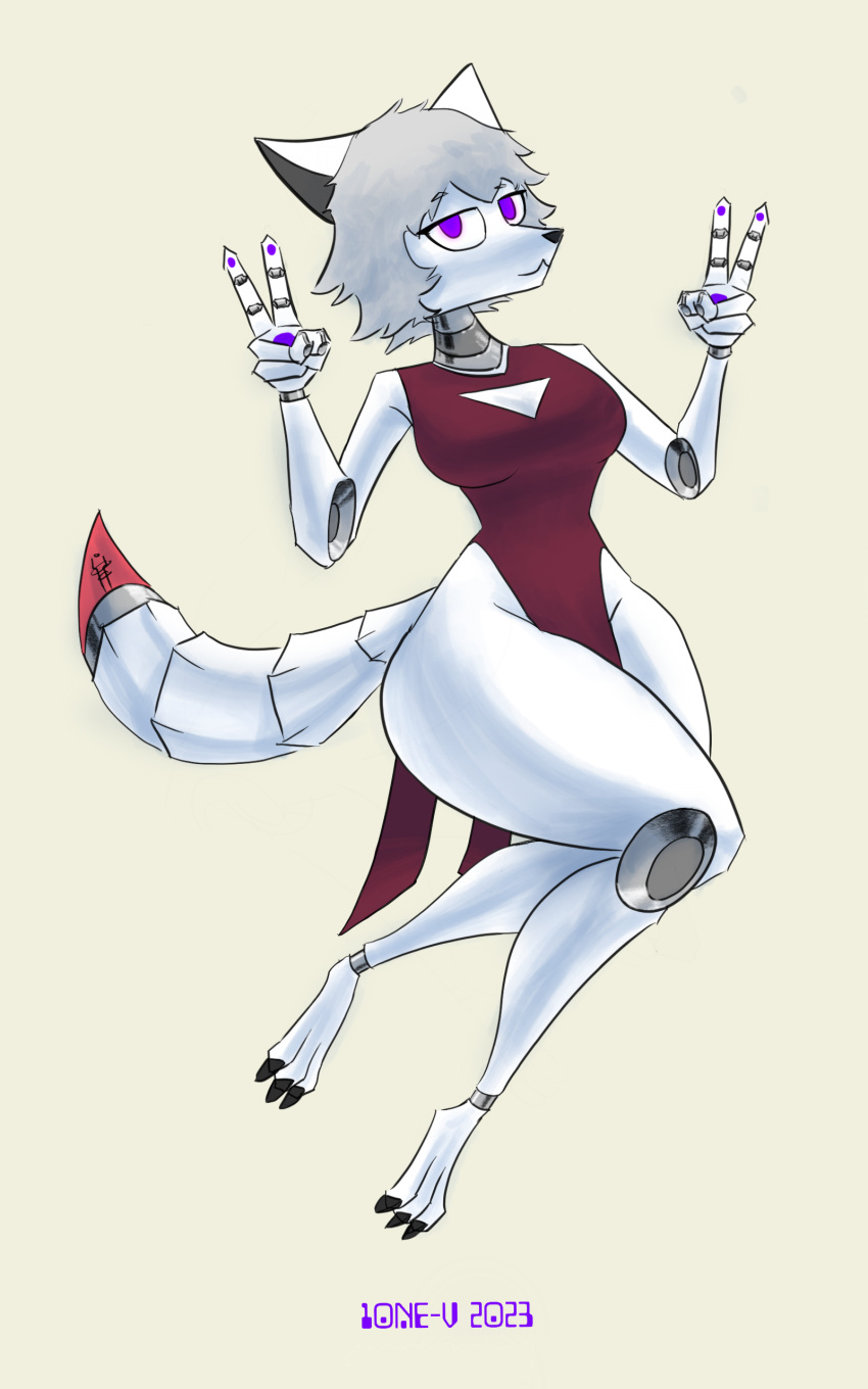 10ne-v absurd_res alexa_(10ne-v) breasts canid canine claws clean_lines cleavage cleavage_cutout clothed clothing confident cutout digital_media_(artwork) digitigrade dress female form_fitting fox full-length_portrait gesture grey_hair hair hand_gesture hi_res living_machine looking_at_viewer lying machine mammal mechanical_arm mechanical_leg metallic_body on_back pawpads pelvic_curtain portrait purple_eyes red_clothing red_dress relaxing robot robotic_limb robotic_limbs segmented_tail shaded signature sleeveless_clothing smile smirk solo tight_clothing v_sign white_body