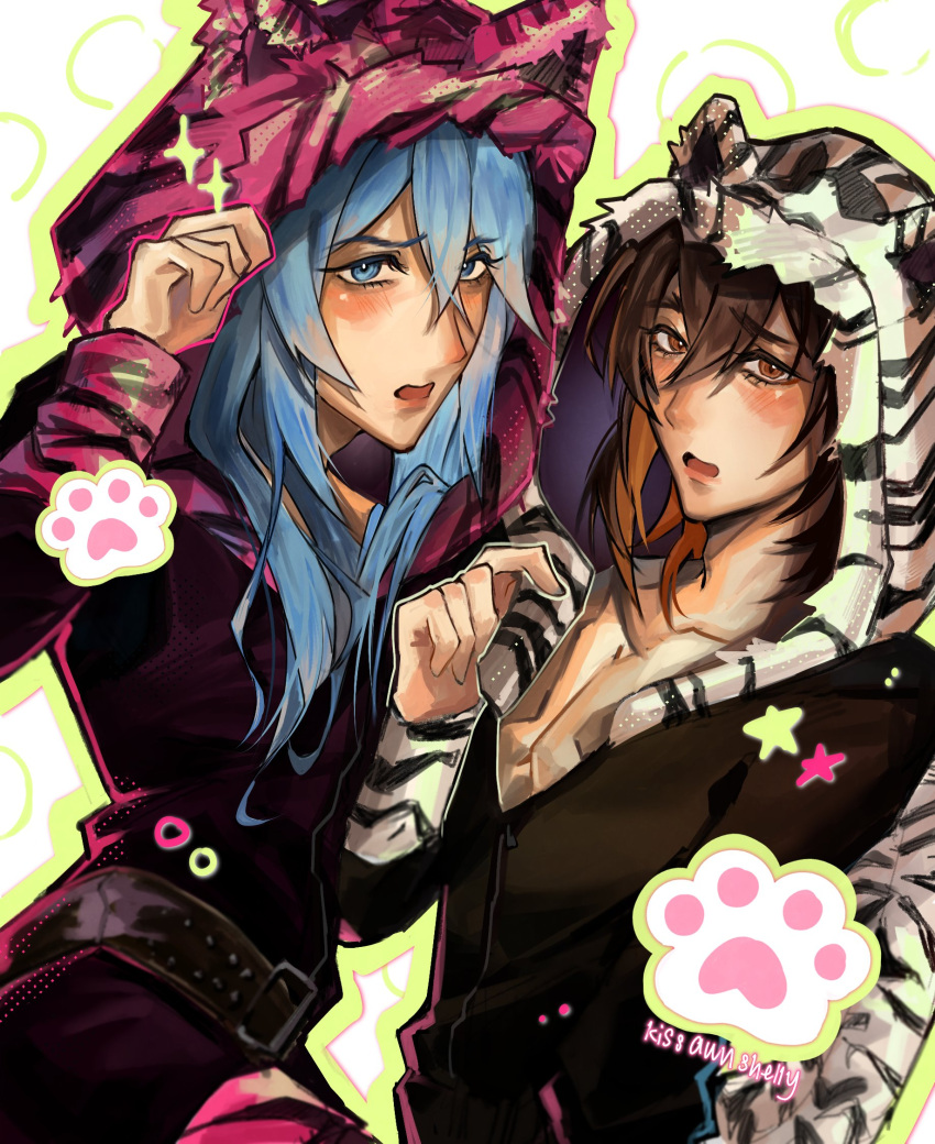 2boys adjusting_clothes adjusting_headwear alternate_costume animal_ear_hood animal_ears animal_print arched_back belt ben-day_dots black_belt black_hoodie blue_eyes blue_hair blush brown_eyes brown_hair cowboy_shot crossed_bangs edmond_(nu_carnival) fuzzy_clothes green_outline hair_between_eyes hair_over_shoulder highres hood hoodie kissawnshelly long_hair looking_at_viewer male_focus medium_hair multicolored_hair multiple_boys nu_carnival open_mouth outline paw_print peanut_mouth pectoral_cleavage pectorals pink_hoodie pink_outline raised_inner_eyebrows screentones sidelocks sleeve_cuffs sparkle streaked_hair tiger_ears tiger_print twitter_username two-tone_hoodie upturned_eyes white_background white_hoodie white_outline yakumo_(nu_carnival) zipper zipper_pull_tab