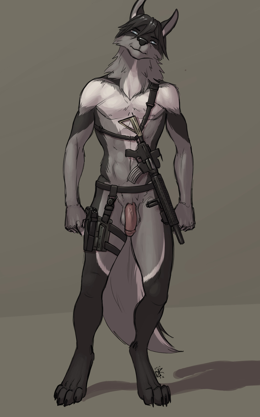 2017 abs anthro balls canine flaccid gun handgun holster humanoid_penis ldr looking_at_viewer male mammal mostly_nude penis pistol ranged_weapon rifle signature simple_background sketch solo standing weapon