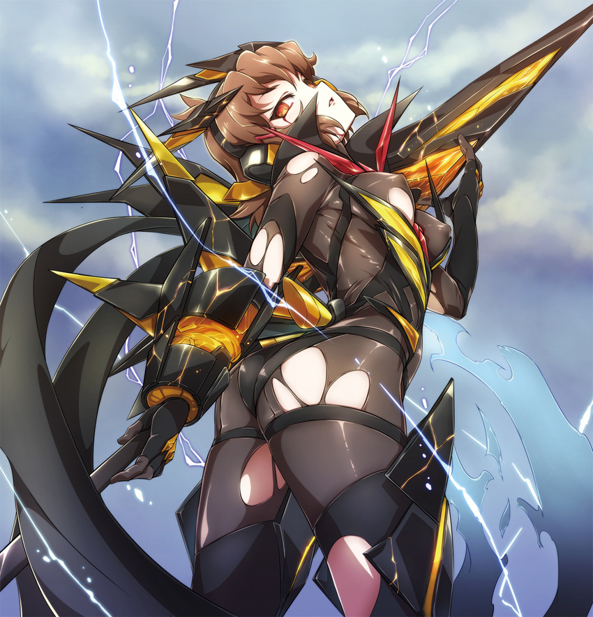 arched_back ass blood bloody_tears bodysuit breasts brown_hair corruption covered_nipples dark_persona gauntlets gloves glowing head_tilt headgear highres holding ignite_module lightning looking_at_viewer looking_back medium_breasts niko_(tama) open_mouth orange_eyes polearm senki_zesshou_symphogear shiny shiny_clothes short_hair skin_tight solo spear tachibana_hibiki_(symphogear) torn_bodysuit torn_clothes weapon